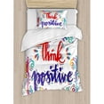 thumbnail image 3 of Inspirational Duvet Cover Set Queen Size, Think Positive Stylized Calligraphic Art Floral Swirls Optimistic Life Quote, Decorative 3 Piece Bedding Set with 2 Pillow Shams, Multicolor, by Ambesonne, 3 of 3