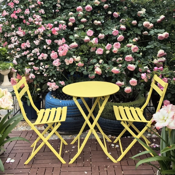 Yellow 3-Piece Metal Patio Bistro Set – Folding Table & Chairs for Balcony, Bistro, or Small Outdoor Space – 28" Table, 32" Chairs, 330lb Capacity