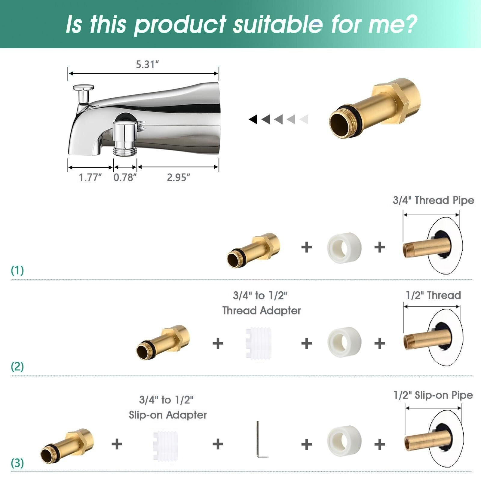 FETERVIC Bathtub Faucet with Sprayer,Slip-On Tub Spout High Pressure 10 Settings Handheld Shower Head with Diverter Set