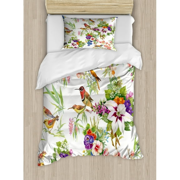 Floral Duvet Cover Set, Watercolor Wild Exotic Mockingbirds and Spring Flowers Branches Botanical Art, Decorative 2 Piece Bedding Set with 1 Pillow Shams, Twin Size, Multicolor, by Ambesonne