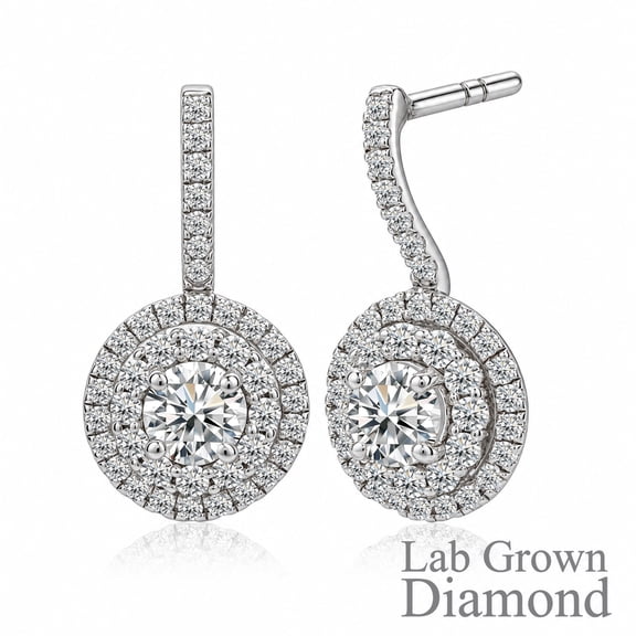 JeenMata 1 Carat Lab Grown Diamond Halo Drop Earrings - Round Cut Vintage Inspired Earrings in White Gold Plating