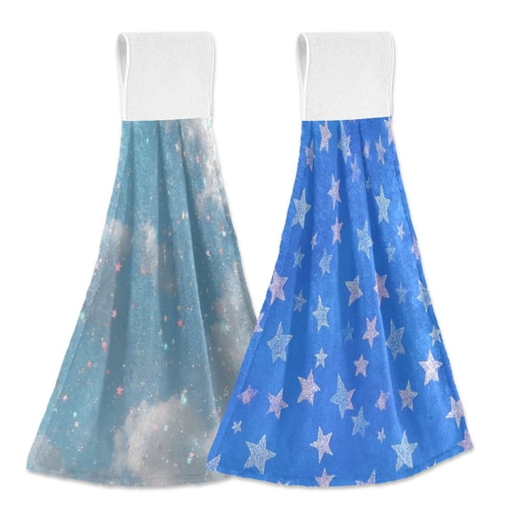 IAUYY Kitchen Hanging Towels Set of 2 100% Polyester Absorbent, Super Soft Hand Towels with Hanging Loops for Bathroom Kitchen Silver Stars Shining Stars
