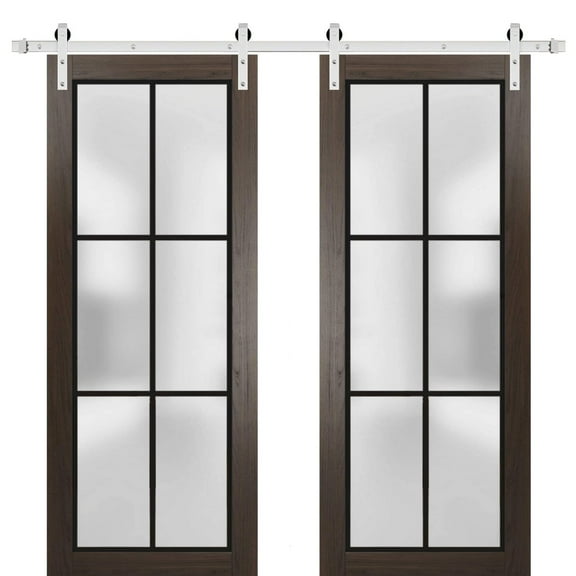 Sturdy Double Barn Door 36 x 80 inches | Planum 2122 Chocolate Ash Frosted Glass | Stainless Steel 13FT Rail Hangers Heavy Set | Solid Panel Interior Doors