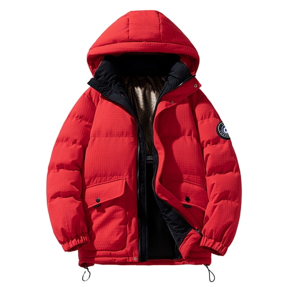 Mens Puffer Jacket Winter Warm Hooded Down Jacket Zip Up Parka Padded Outwear Relaxed Fit Puffer Jacket Men's Jackets Red XXL