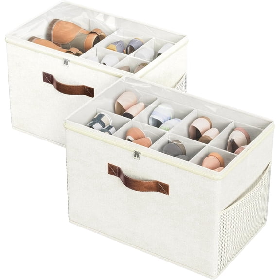 2 Pack Shoe Organizer for Closet, Foldable Shoe Storage Organizer with Adjustable Dividers, Shoe Storage Box with Clear Cover, Holds up to 16 Pairs, Beige