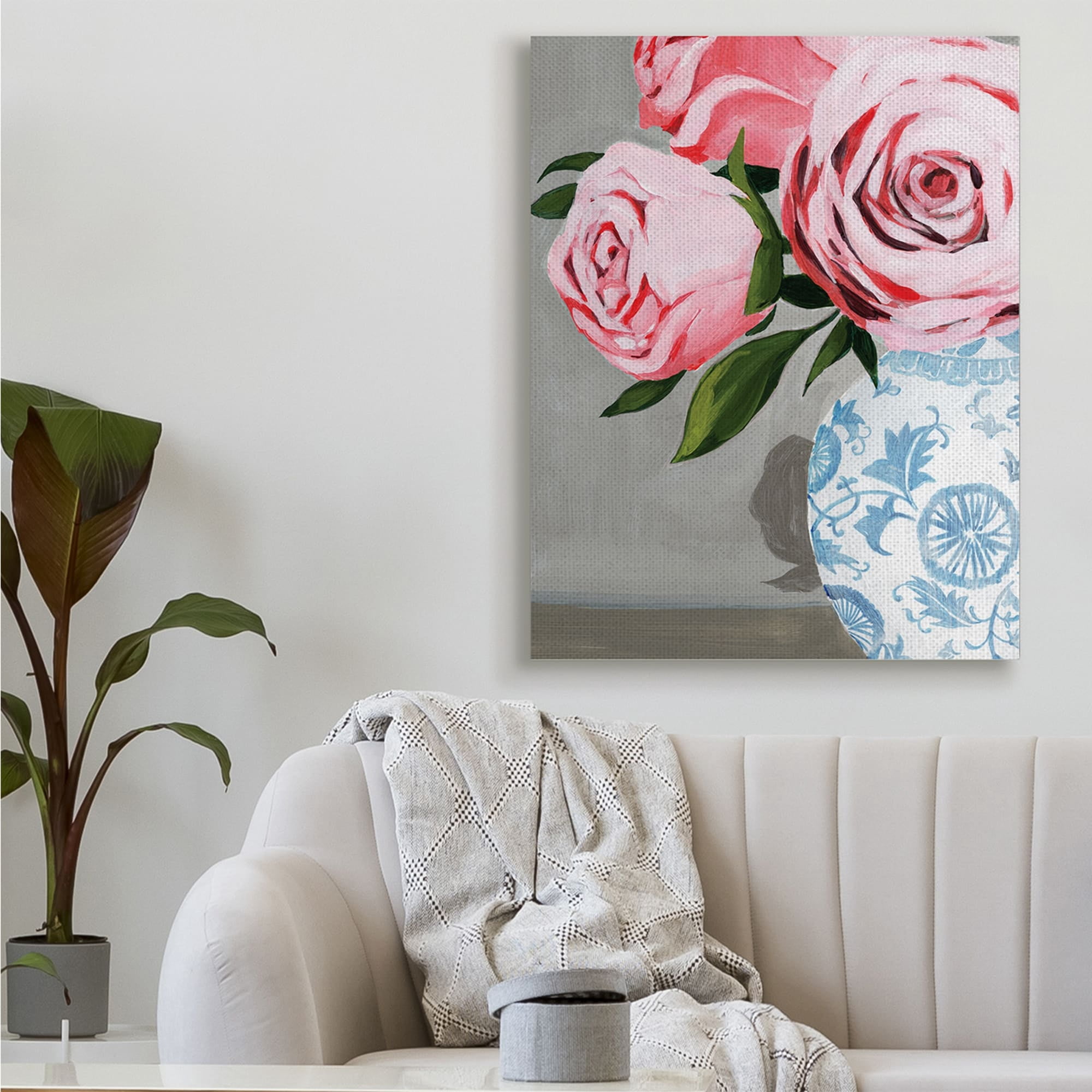 Stupell Industries Blossoming Pink Roses in Ornate Blue Vase,24 x 30,Designed by Grace Popp