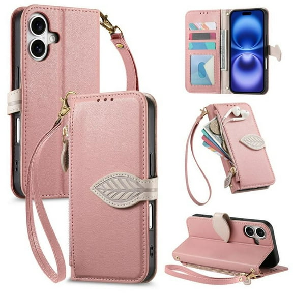 Leather For iPhone 17 Case Leaf buckle zipper wallet 3-card Flip Wallet Leather Case With Card Holder Magnetic Closure Phone Cases Cover,Pink,For iPhone 17