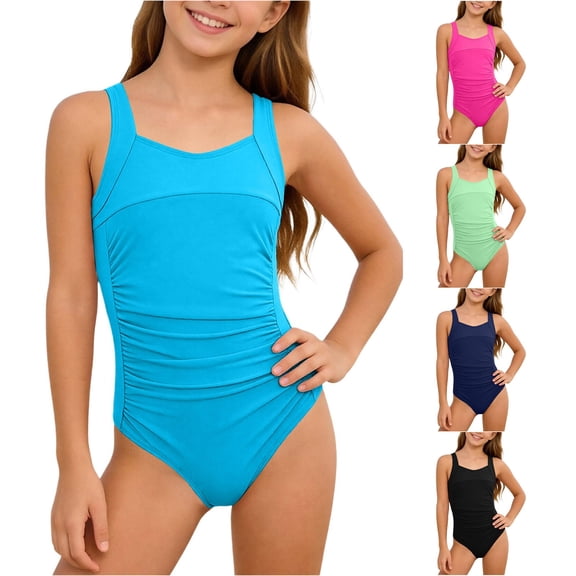 OSOLU One Piece Swimsuit Girls Athletic Swimwear Wide Straps Pleated Solid Color Full Coverage Bathing Suit For Kids Teens 6-16Y Comfy Beachwear