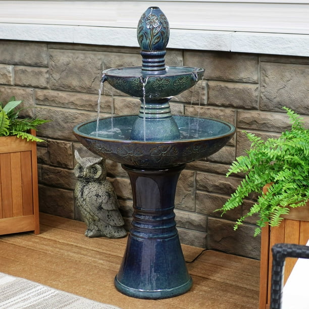 Sunnydaze Double Tier Outdoor Ceramic Fountain With Led Lights Outside Decorative Water Feature For Garden Patio Backyard Lawn Porch And Balcony 38 Inch Com - Ceramic Garden Fountains