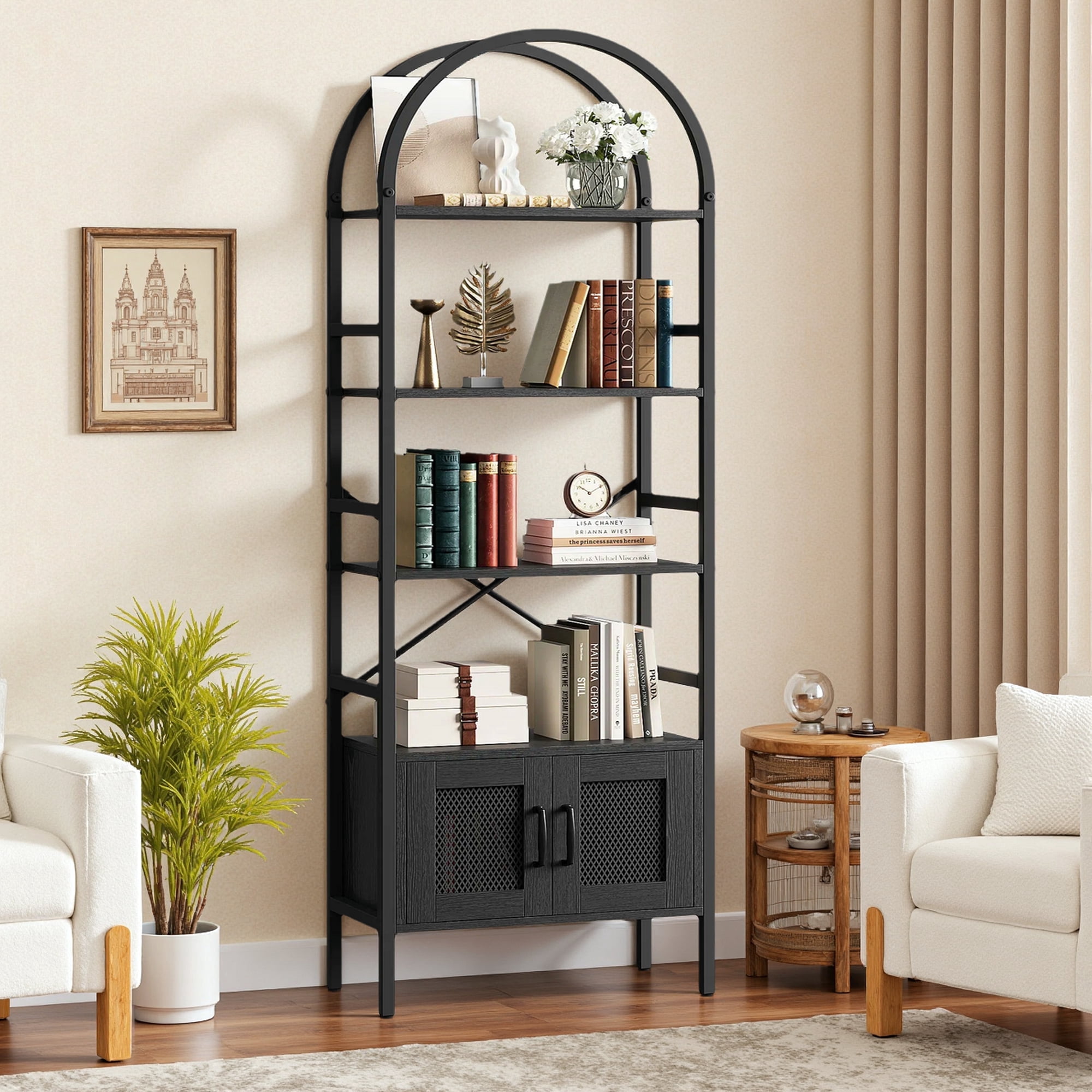 IRONCK 70.3" Tall Arched Bookshelf, 4-Tier Open Display Bookcases with Door Cabinet, Industrial Style Metal Storage Rack, Black