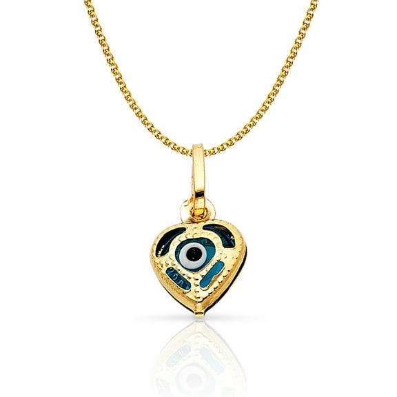 14K Yellow Gold Evil Eye Heart Charm Pendant with 1.2mm Flat Open Wheat Chain Necklace - 20"