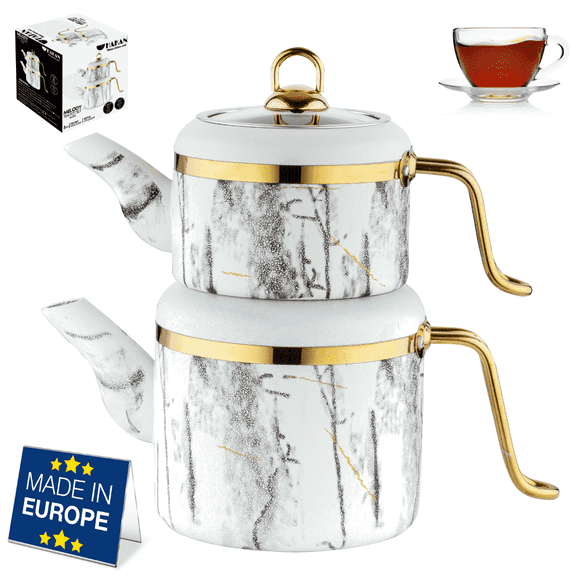 Hakan Melody Turkish Tea Pot Set, with Aluminum Double Kettles with Granite Cover and Stainless-Steel Handles, White 3.6 qt