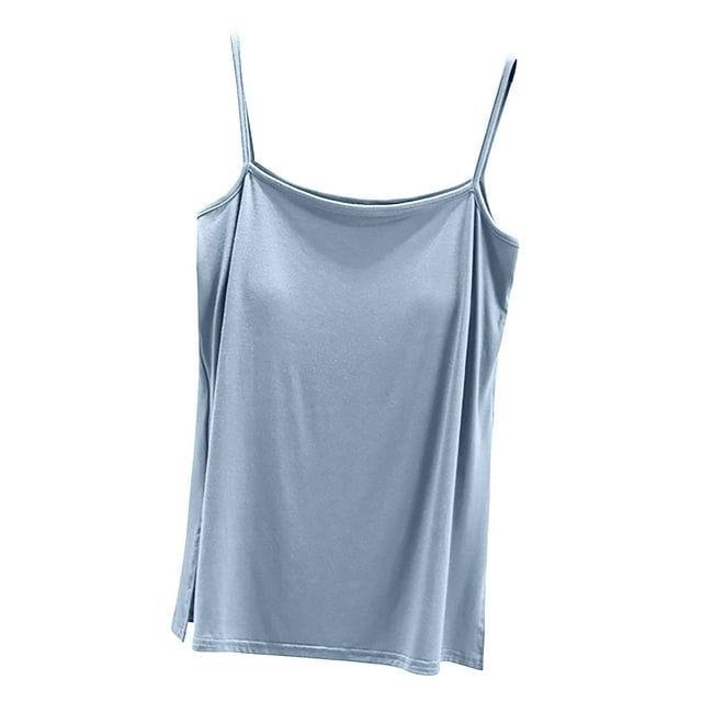 Mrat Racerback Tank Tops Women's Solid Color Slit with Chest Pad Thin Style Outer Wear Sleeveless Back Tops Round Neck Camisole Womens Workout Tank Tops S-69 Light Blue L