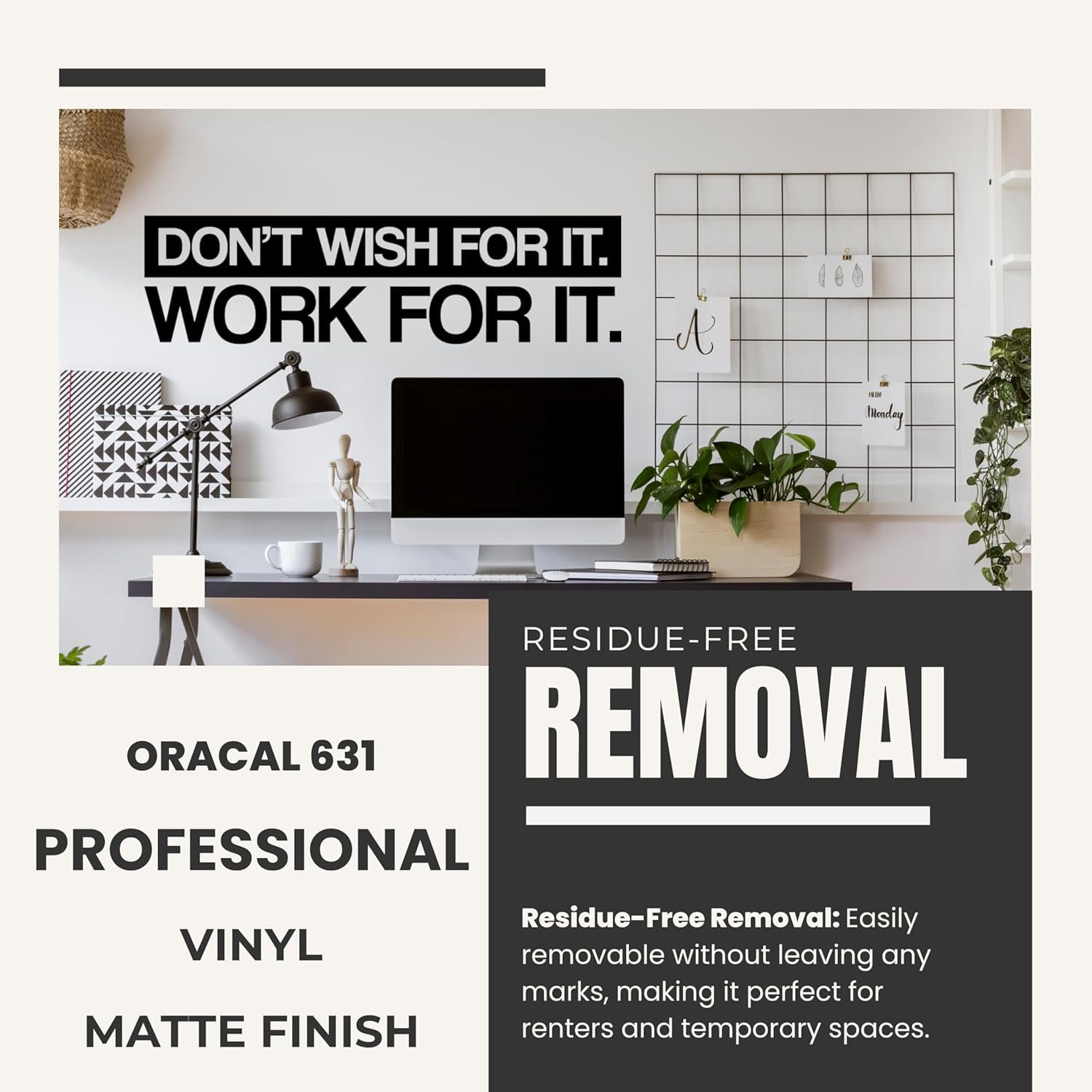 QTH Don't Wish for it Work for it | Motivational Large Wall Decal Sticker Quote for Home Gym Office Exercise Fitness Workout Art Vinyl Decor Removable Words and Sayings 37x10 in