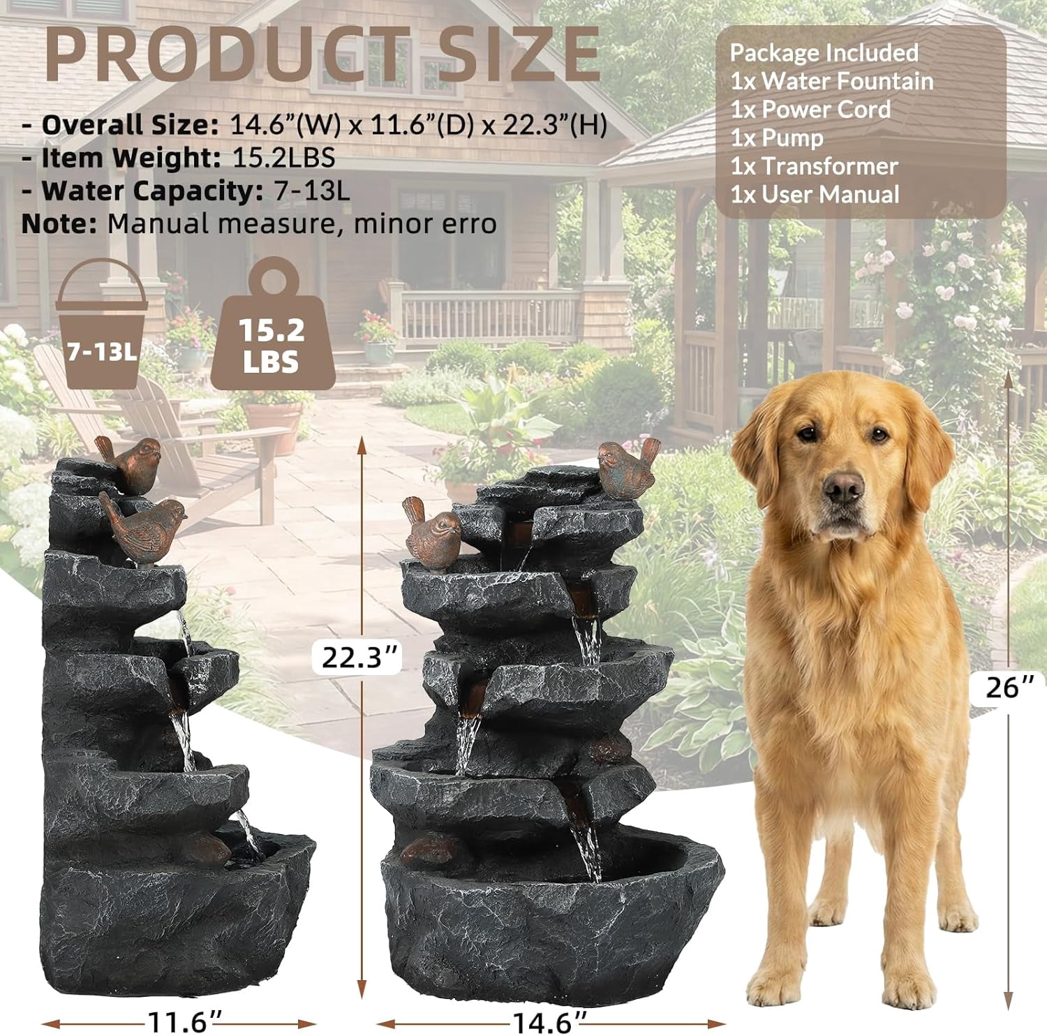 EPICOZY 22.3" Tall Outdoor Rock Waterfall Fountain, 5-Tier Cascading Garden Water Feature with Bird Decor & LED Lights, Natural Stone Resin Fountain with Filter Cotton for Patio, Yard, Porch & Indoor