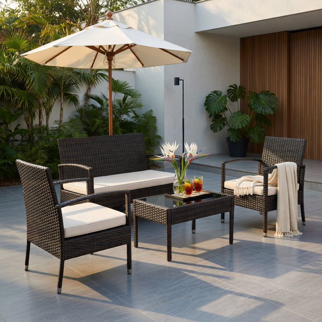 Hommoo 4-Piece Outdoor Rattan Patio Conversation Set, Double Loveseat, 2 Single Sofas & Glass-Top Coffee Table, All-Weather PE Wicker with Steel Frame, Black