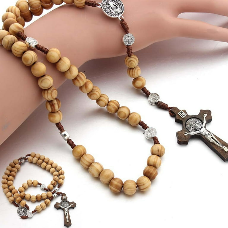 BUTORY Catholic Wooden Rosary Necklace Handmade Vintage Religious