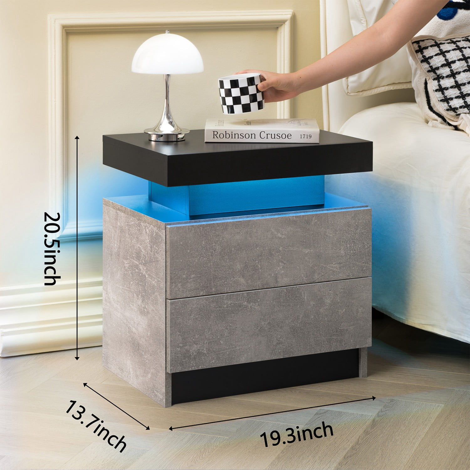 Nightstand with LED Lights, Modern Bedside Table with 2 Drawers and Open Storage, Adjustable RGB Light End Table for Bedroom Living Room Office, Black+ Gray