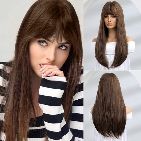 Long Wavy Wigs for Women,Natural Straight Wig with Bangs Heat Resistant Wig for Daily Party A4