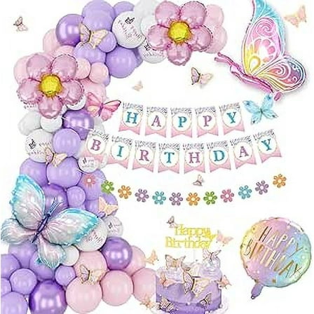Birthday Decorations for Girls, Pink Purple Birthday Balloons, Butterfly Birthday Party Decorations, Set With Butterfly Foil Balloons, Butterfly Design Banner, Butterfly Stickers