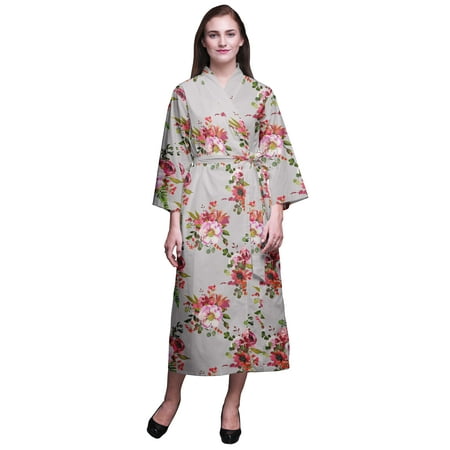 

Bimba Light Gray Floral Leaves & Peony Printed Womens Robes Long Soft Kimono Robe Cotton Bride Getting Ready Robe Long L