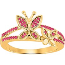 925 Sterling Silver 14K Yellow Gold Plating Round Cut Gemstone Pink Ruby Butterfly Engagement Ring For Women