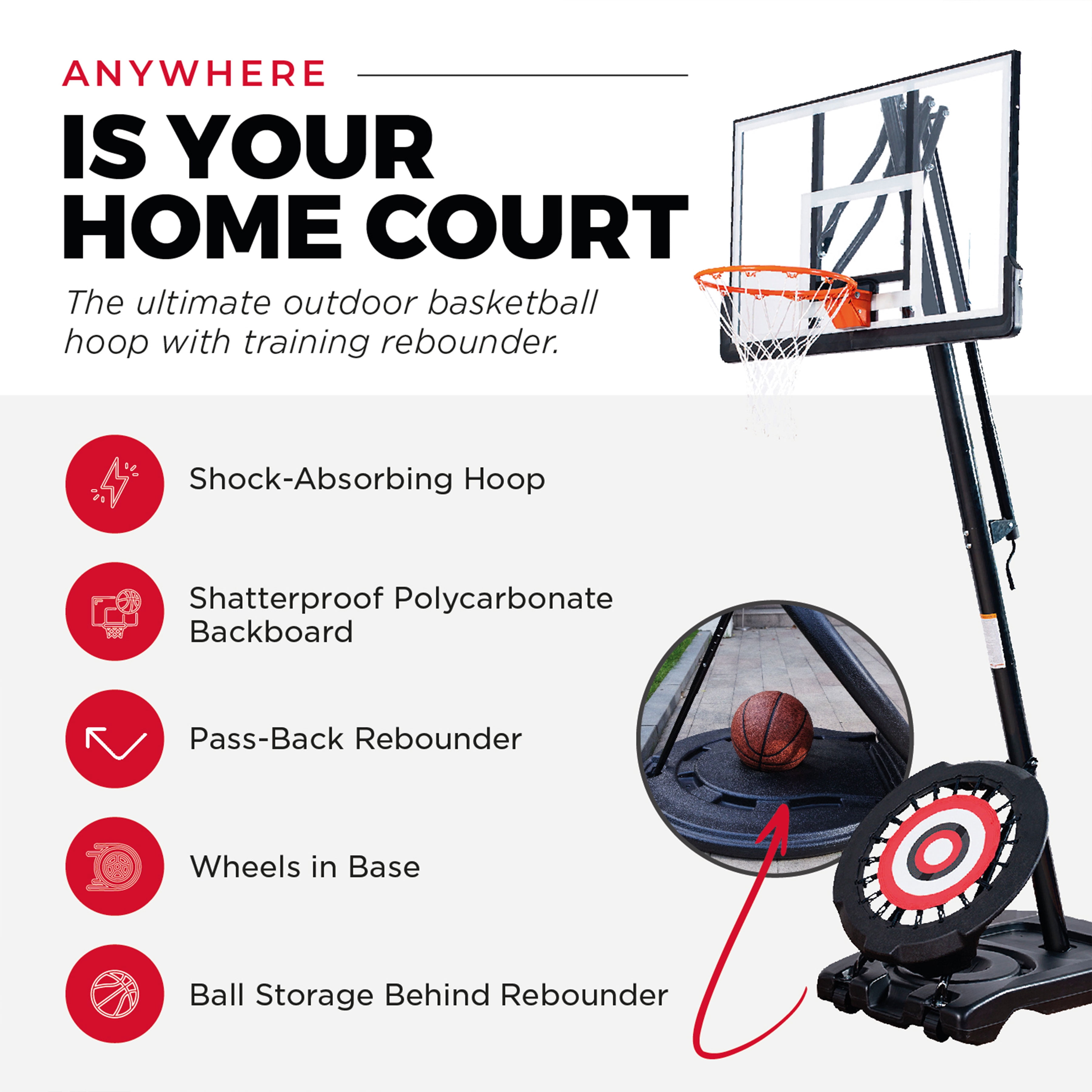 IE Sports Portable Height Adjustable Basketball Hoop w/44" Backboard & Base