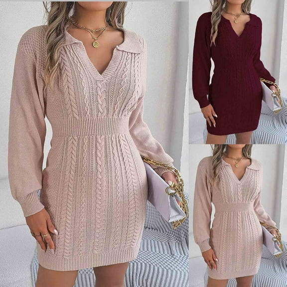 Lovskoo Sweater Dress for Women Trendy Casual Long Sleeve Bodycon Dress V-Neck Ladies Solid Outing Dresses Claret