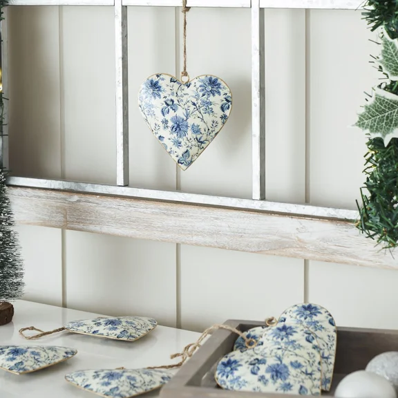 Vhc Brands Cottage Blue Floral Metal Ornament Set Of 6 - 4 Inch