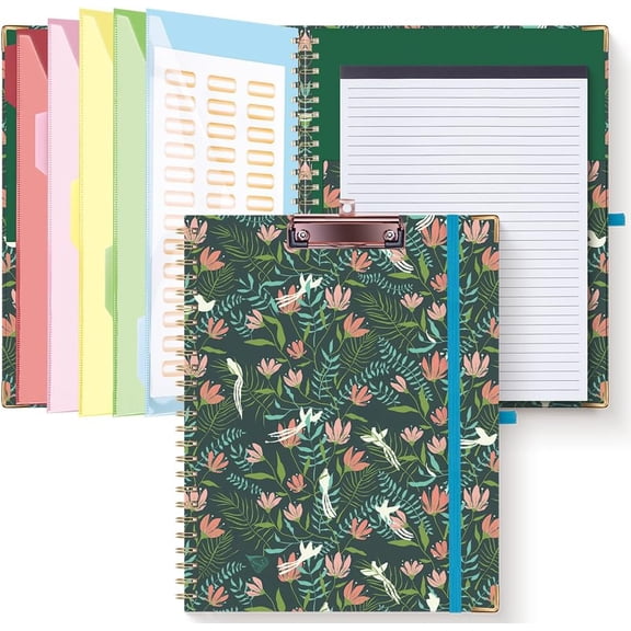 Clipboard Folio with Refillable Notepad for Letter Size (11" x 8.5"), 5 Dividers with 10 Pockets, Elastic Pen Holder and File Folder Labels, Spiral Nurse Clipboard Artboard(Flower Bird)