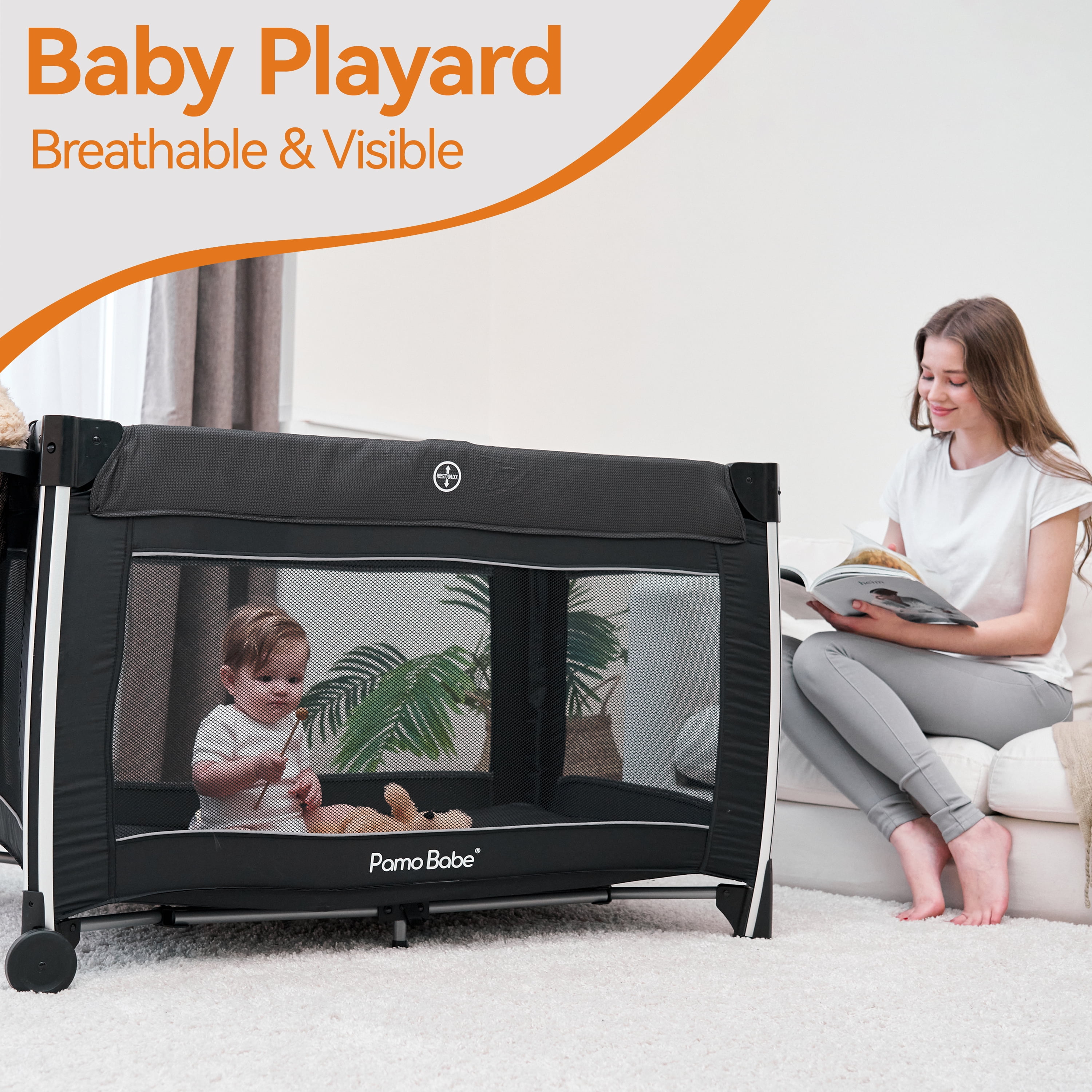 Pamo Babe 4 in 1 Baby Playard, Foldable Portable Crib with Bassinet & Changing Table and Toy Bar(Black)