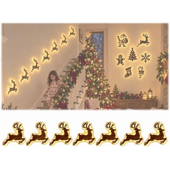 3D Light Up Wooden Reindeer Wall Decor 7Pcs,LED Christmas Silhouette Lights with Peel Stick Backing,Warm Glow Festive Holiday Home Decoration Gift Set
