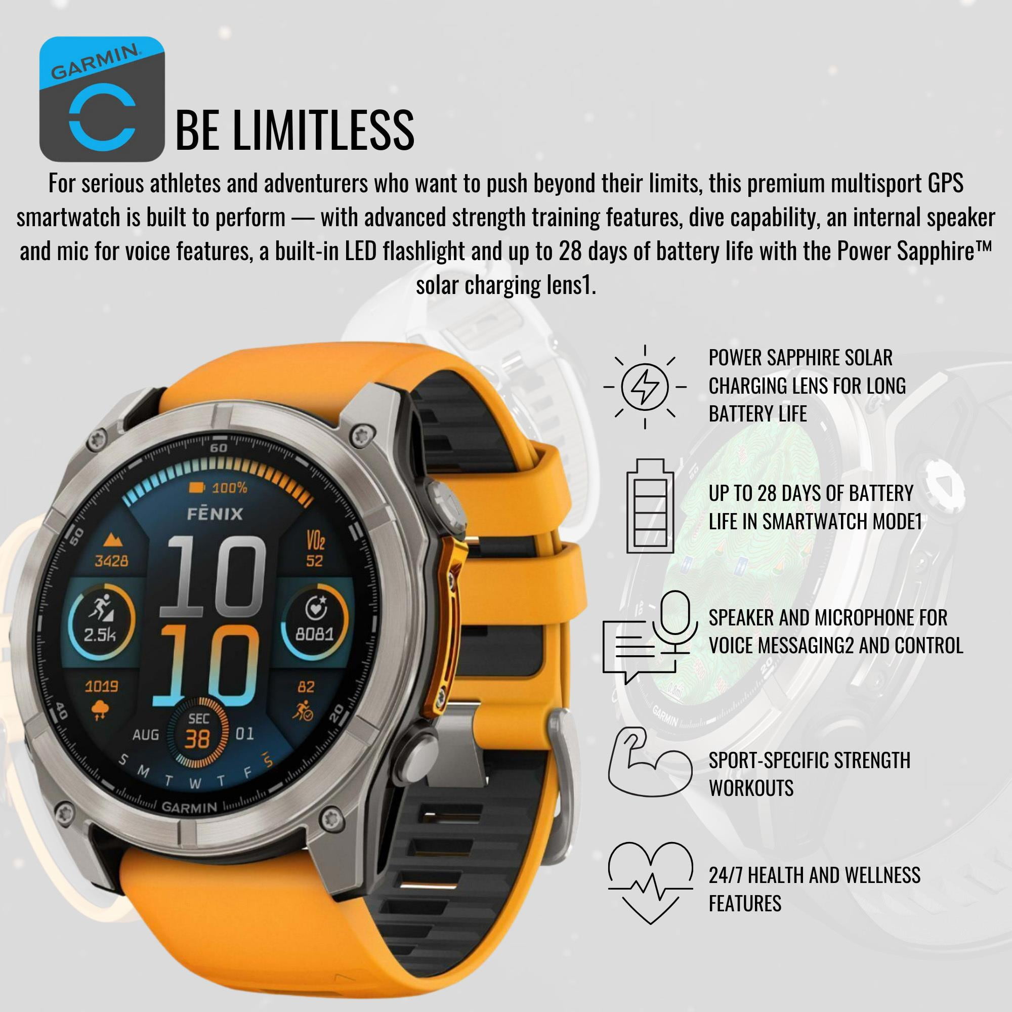 Garmin Fenix 8 Sapphire 51mm GPS Smartwatch with 1.4-Inch AMOLED Display (Spark Orange and Graphite) Bundle with Waterproof Hard Case (Black) and Focus Camera Charger Stand (3 Items)