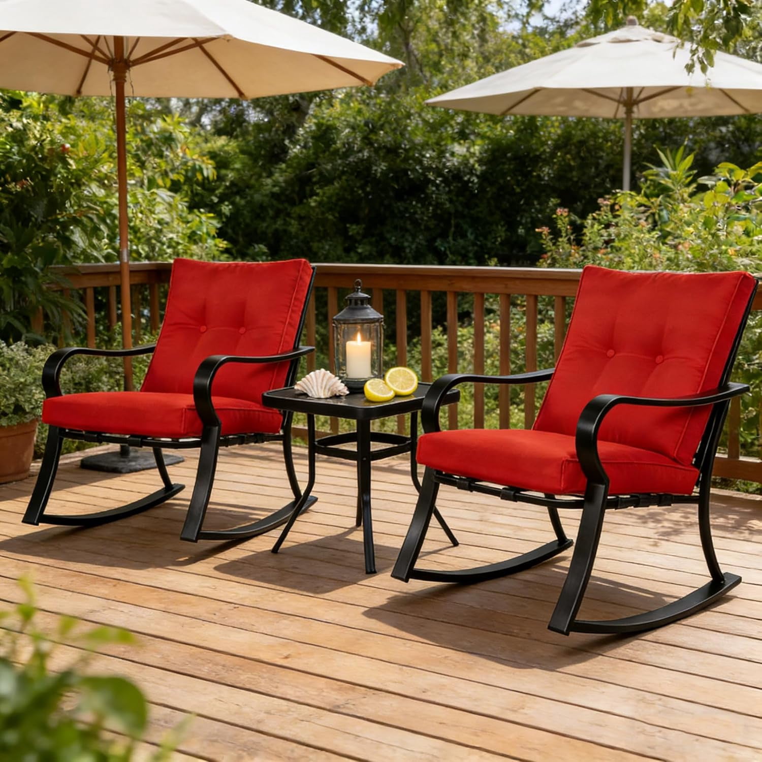 SUNCROWN 3-Piece Outdoor Patio Furniture Black Metal Set with Chairs Set of 2 and Glass-Top Table, Red