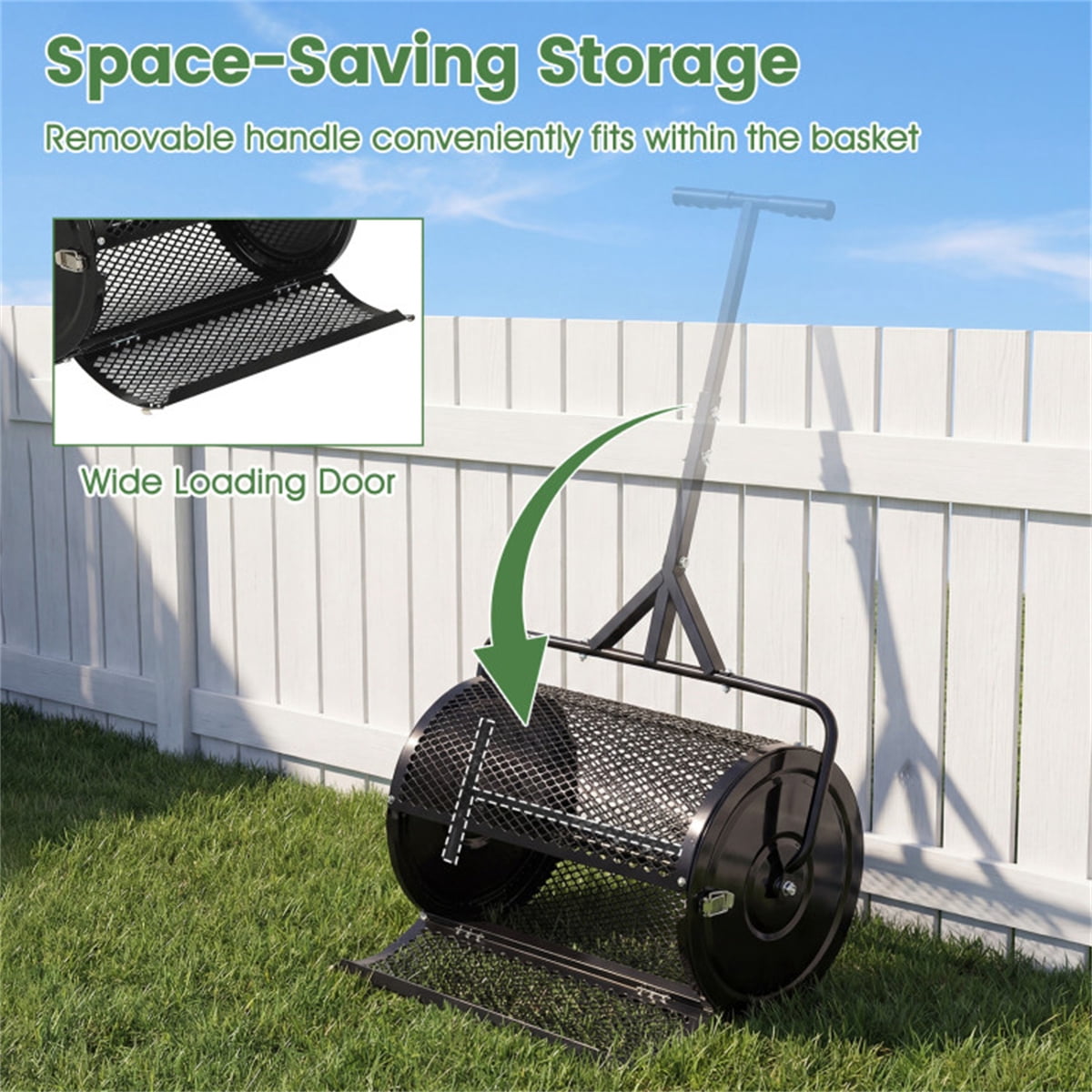 24" Lawn Topdressing Spreader with 0.75"×0.5" Mesh 2.7 Cu.ft Capacity Compost Spreader for Soil Sand Fertilizer Height-Adjustable Handle (Black)