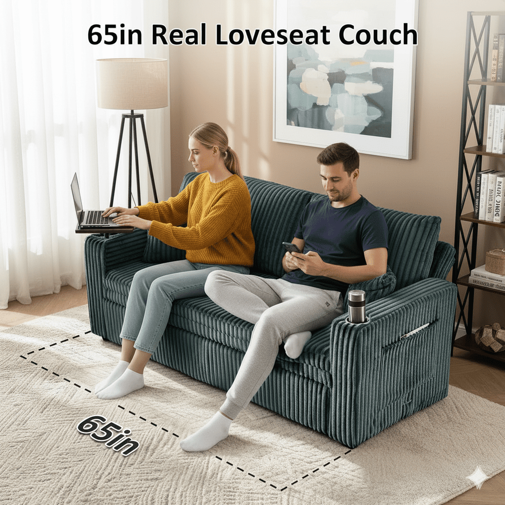 65in Sleeper Sofa Bed, 3 in 1 Convertible Pull Out Couch with Small Table, USB Ports, Cup Holders & 5-Level Adjustable Backrest, Corduroy Loveseat Sofa for Apartment, Bedroom, Living Room (Green)