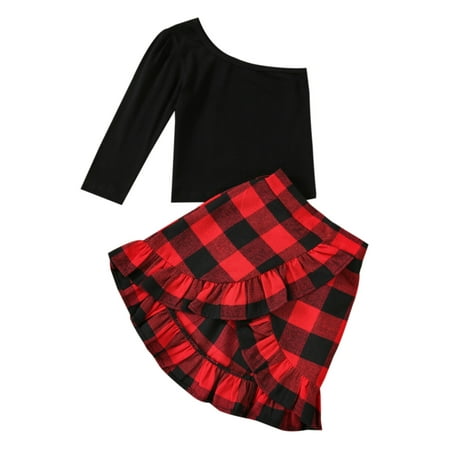 

Toddler Girl Clothes One Shoulder Top Plaid Skirt Set Fall Winter Outfit