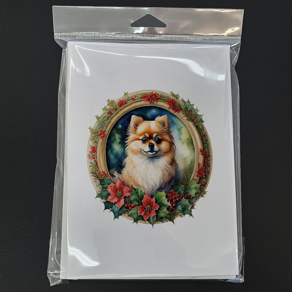 Pomeranian Christmas Flowers Greeting Cards Pack of 8 7 in x 5 in
