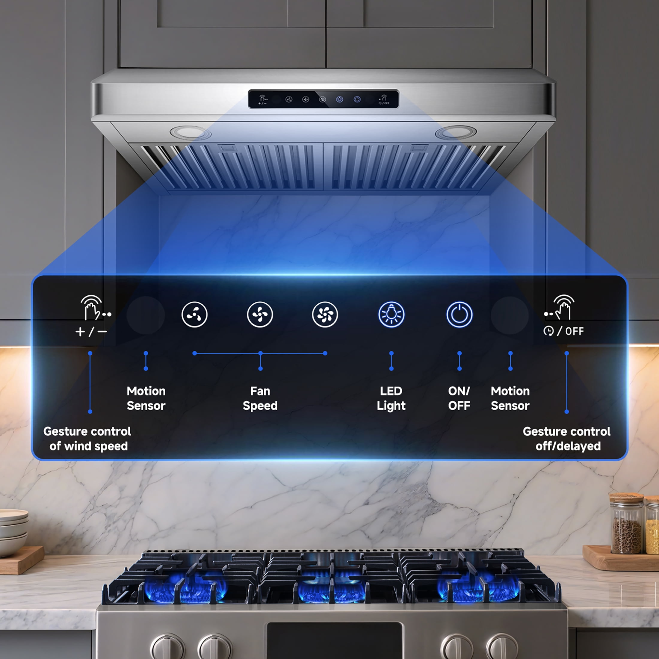 AAOBOSI 30 inch Under Cabinet Range Hood, 3-Speed Stainless Steel Kitchen Vent Hood with Gesture & Touch Control, LED Lights Exhaust Fan, Upgraded