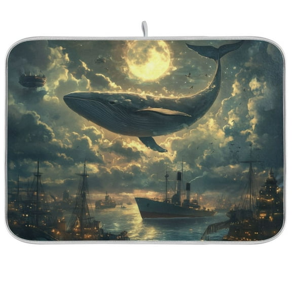 Yayeee Dish Drying Mat for Kitchen Counter Ultra Absorbent Easy Clean Pad 18x16", Whale and Moon