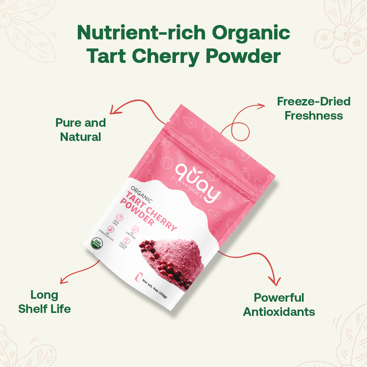 Quay Naturals Organic Tart Cherry Powder, 4oz | Made from US-Sourced Cherries | USDA Organic, Non-GMO, Freeze-Dried, No Additives | Great for Smoothies & Baking
