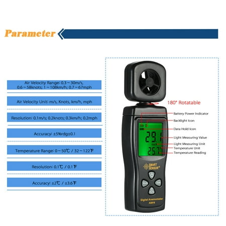 Digital Speed Sensor SMART SENSOR Mini Anemometer LCD Digital Wind Speed Meter Air Velocity Temperature Measuring with Backlight ()