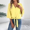 thumbnail image 2 of Vynhevius Womens 3/4 Sleeve Blouses V Neck Button Front Tie Hem Flared Solid Loose Casual Pullover Shirts, 2 of 8
