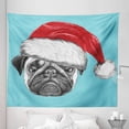 thumbnail image 1 of Pug Tapestry, Dog Portrait with Santa Hat Christmas Imagery Fun Illustration on Blue Background, Fabric Wall Hanging Decor for Bedroom Living Room Dorm, 5 Sizes, Blue Ruby Grey, by Ambesonne, 1 of 1
