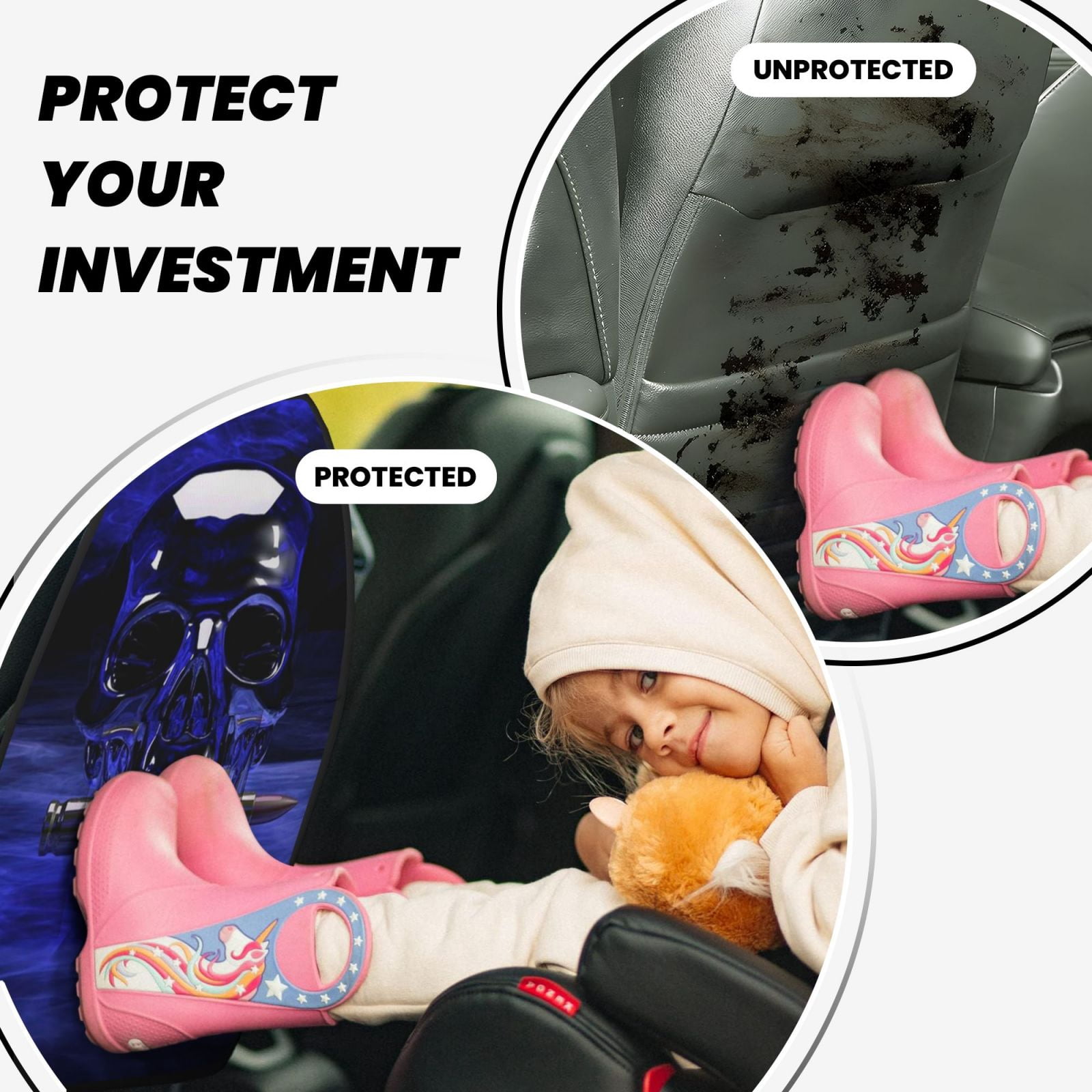 Xecao Steel Skull Pattern Car Seat Back Protector 2 Pack Large Capacity Pocket, Kick Mats Back Seat Protector
