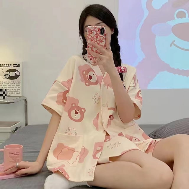Pyjama d'Été pour Femmes, Cardigan Étudiant à Manches Courtes, Style ins, Ensemble Deux Pièces