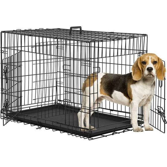 BestPet Large Dog Crate Dog Cage Kennel Metal Wire Double-Door Folding Pet Animal Pet Cage, Plastic Tray and Handle, Black