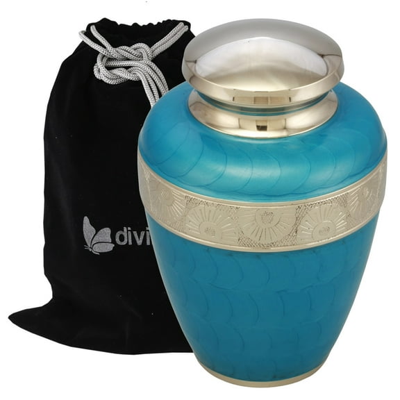 Classic Avalon Cremation Urn with Silver Sunflower Bands - 100% Handcrafted Adult Urn - Solid Metal Large Urn for Human Ashes - Funeral Urn with Free Bag (Sky Blue)