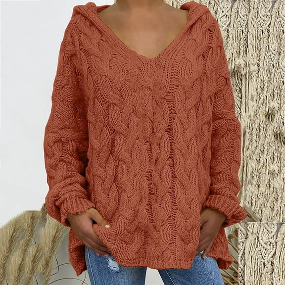 PiGOGI Women's Hooded Long Sleeve Sweater Loose Fit VNeck Pullover Top Plus Size Casual Wine XL