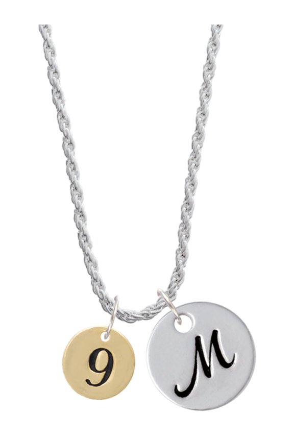 Goldtone Disc 1/2'' Number - 9 - Silvertone Script Initial Disc - M - Charm Necklace, 20"+3"